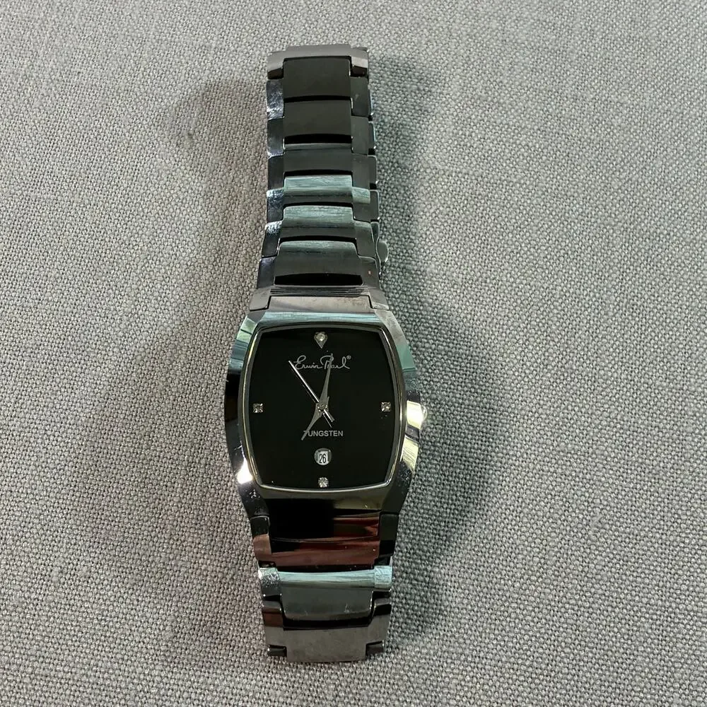 Erwin Pearl Tungsten Black Quartz Watch Date Crystal Accents Needs Battery